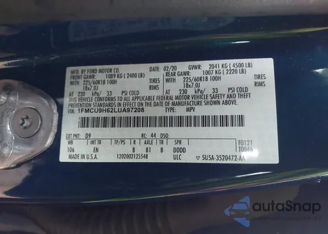 2020 Ford Escape Sel из США, поврежденный, VIN 1FMCU9H62LUA97208